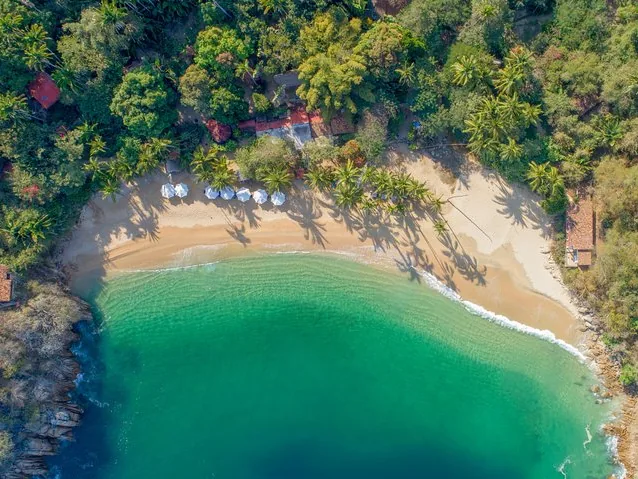 Aerial view of a beautiful sandy beach cove surrounded by lush trees
